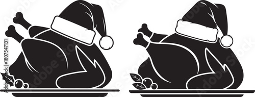 Two festive roasted turkeys wearing santa hats silhouette