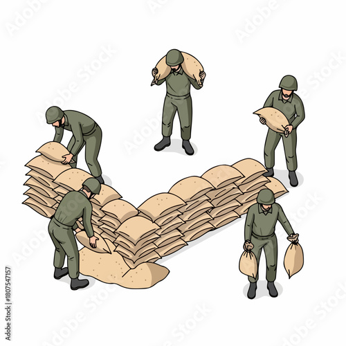 Flat Isometric Soldiers Building Sandbag Wall Fortress Illustration on White Background