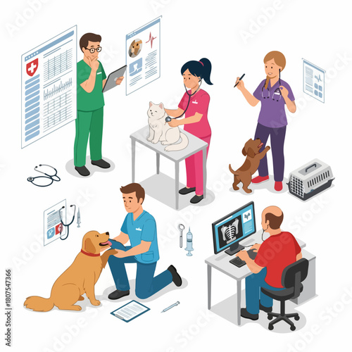Isometric Detailed Veterinarian Clinic Illustration with Doctors and Animals, Medical Scene