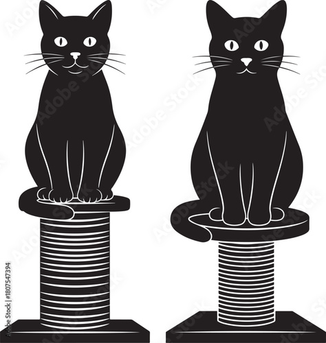 Two black cat silhouettes sitting proudly on scratching posts silhouette