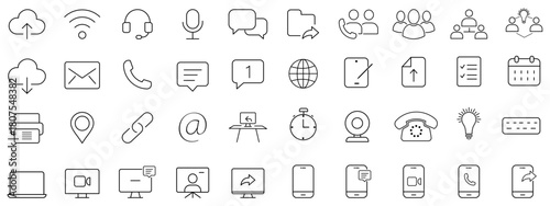 Remote work and digital communication line icon set includes cloud services, messaging tools, devices, collaboration elements, workplace technology essentials. Work from home icons collection- outline