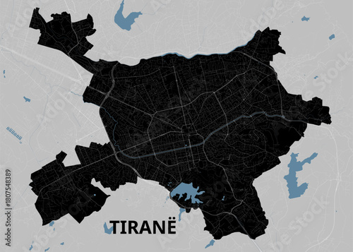 This image shows a detailed map of Tirana, Albania. The city's layout is depicted in black against a light gray background. Blue shapes represent bodies of water, such as lakes or rivers