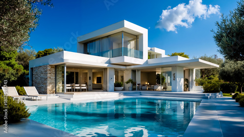 Wallpaper Mural A modern white house with a large pool and outdoor seating area Torontodigital.ca