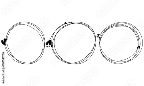 Three hand drawn sketchy black ink circles or ovals with dashed line texture, perfect for abstract design element or bullet point marker, isolated on