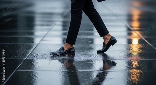 Rainy day walking shows sleek black shoes stepping on wet pavement. Rainy day reflects urban life, capturing polished footwear walking on slick ground, creating dramatic reflections.