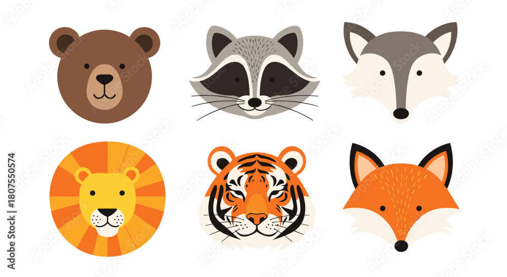 Fototapeta premium Beautifully detailed collection of various wild forest animal heads including a bear tiger and fox.