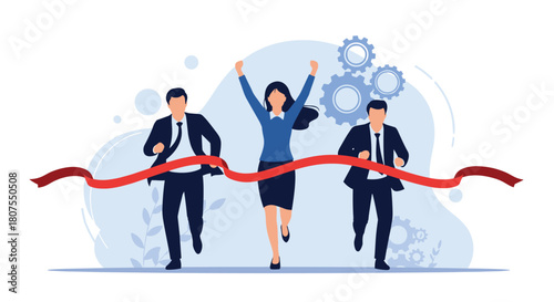 Successful business team celebrates their joint achievement by crossing the finish line together.