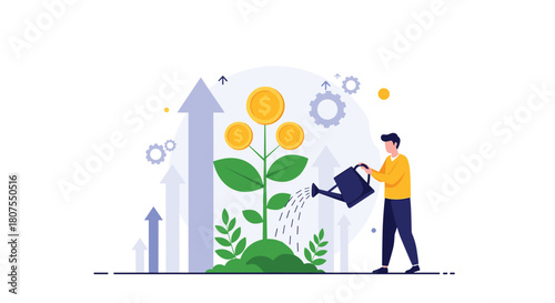 Businessman is watering a money plant symbolizing the successful growth of his financial investments.
