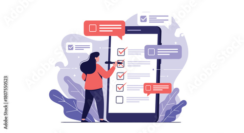 Young woman is efficiently completing an online survey by checking boxes on her smartphone screen.