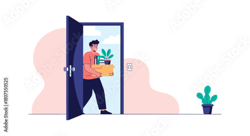 Sad employee who has just been fired from his job is leaving the office with a box of his things.