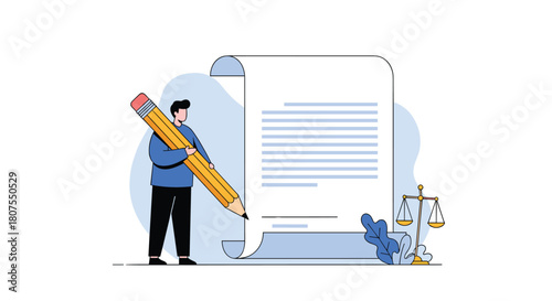 Man with a giant pencil is signing a legal document or contract with the scales of justice nearby.