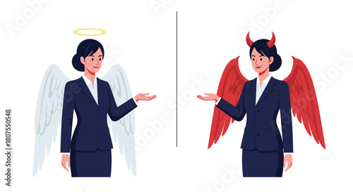 Angel and a devil businesswoman represent the moral dilemma and ethical choices in the business world.
