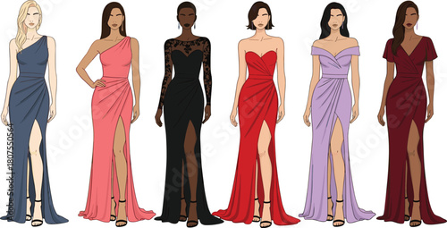 Collection of diverse fashion models wearing elegant evening gowns and formal long dresses with high slits, colorful vector illustration.
