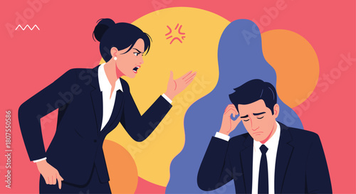 Angry female boss is yelling at her stressed and overworked male employee in the workplace.