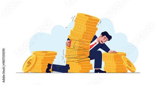 Sad and desperate businessman is crushed by the heavy burden of a massive pile of financial debt.