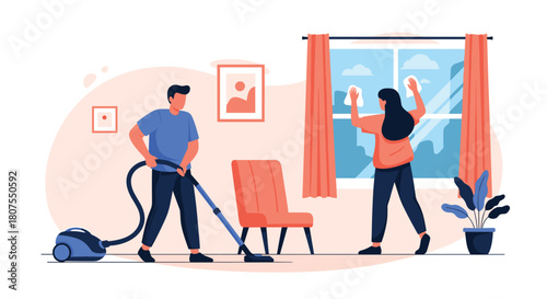 Young couple is working together to clean their house by vacuuming the floor and dusting curtains.