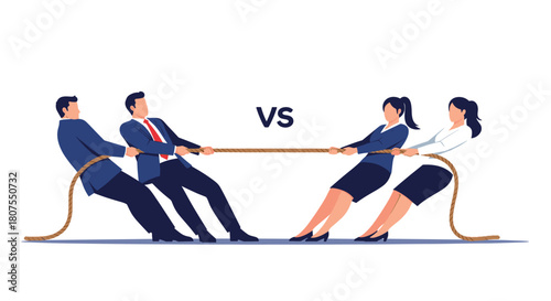 Two opposing business teams are engaged in a fierce tug of war competition in the office.