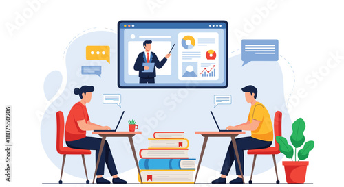 Young student is learning online from home with a teacher on the computer screen and a stack of books.