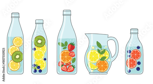 Refreshing collection of detox water in glass bottles and a pitcher infused with various fresh fruits.