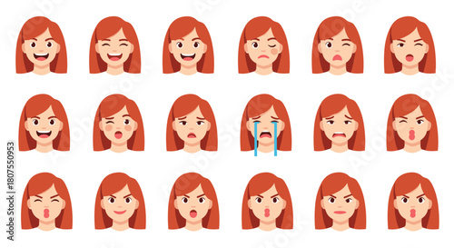 Set of a young woman's head showing a variety of different facial expressions and emotions.