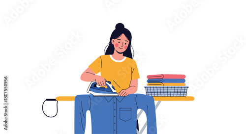 Woman is carefully ironing a clean blue shirt with a modern electric steam iron.