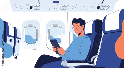 Young man with glasses is relaxing in his seat on an airplane and reading on a digital tablet.