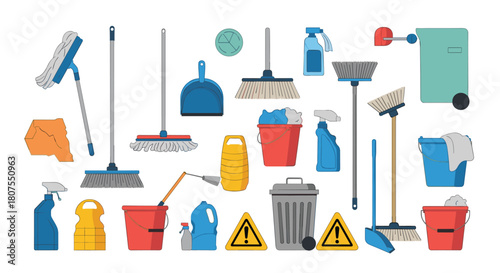 Large collection of various essential cleaning supplies and tools for professional housekeeping services.