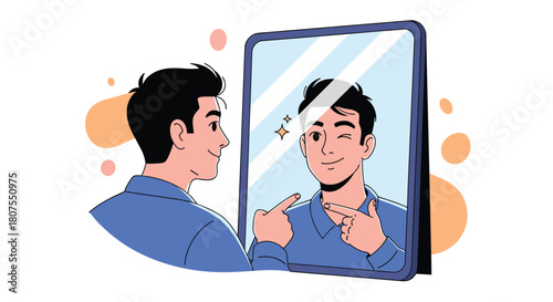Confident and happy young man is looking at his winking reflection in a full-length mirror.