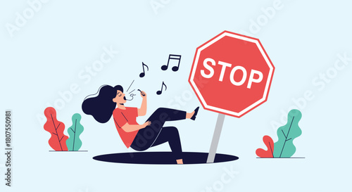 Woman musician is playing guitar and singing but is being silenced by falling into a pit with a stop sign.