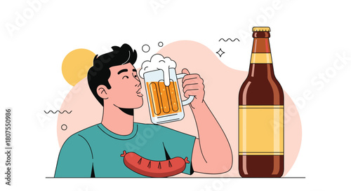 Man enjoys drinking a large mug of beer and eating a grilled sausage with a bottle nearby.