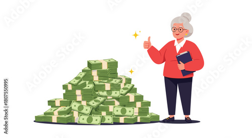 Wealthy elderly woman gives a thumbs up next to a huge pile of money symbolizing financial success.