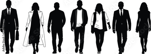 Group of diverse people silhouettes walking forward, business professionals and casual men and women, black vector illustration.
