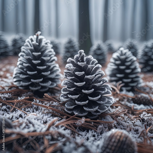 Pommes de pin givrées dans une forêt silencieuse sous la neige, ambiance hivernale féerique et brumeuse au petit matin.