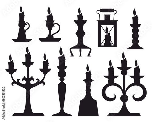 Vintage candles in candlesticks flat icon set