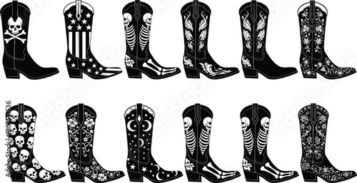 Set of black cowboy boots silhouettes with skull, skeleton, floral and USA flag patterns, western fashion vector illustration collection.