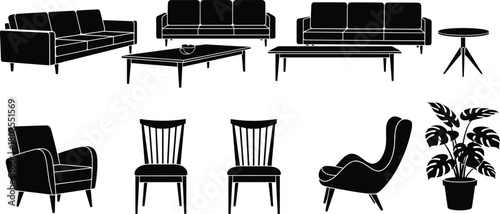 Set of black furniture silhouettes including modern sofas, armchairs, coffee tables and monstera plant, interior design vector illustration.