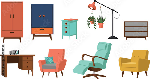 Set of colorful mid-century modern furniture items including armchairs, cabinets, desk and lamp, flat vector illustration.