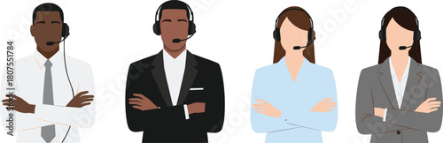 Set of diverse customer service agents wearing headsets with arms crossed, call center support team, colorful flat vector illustration isolated.