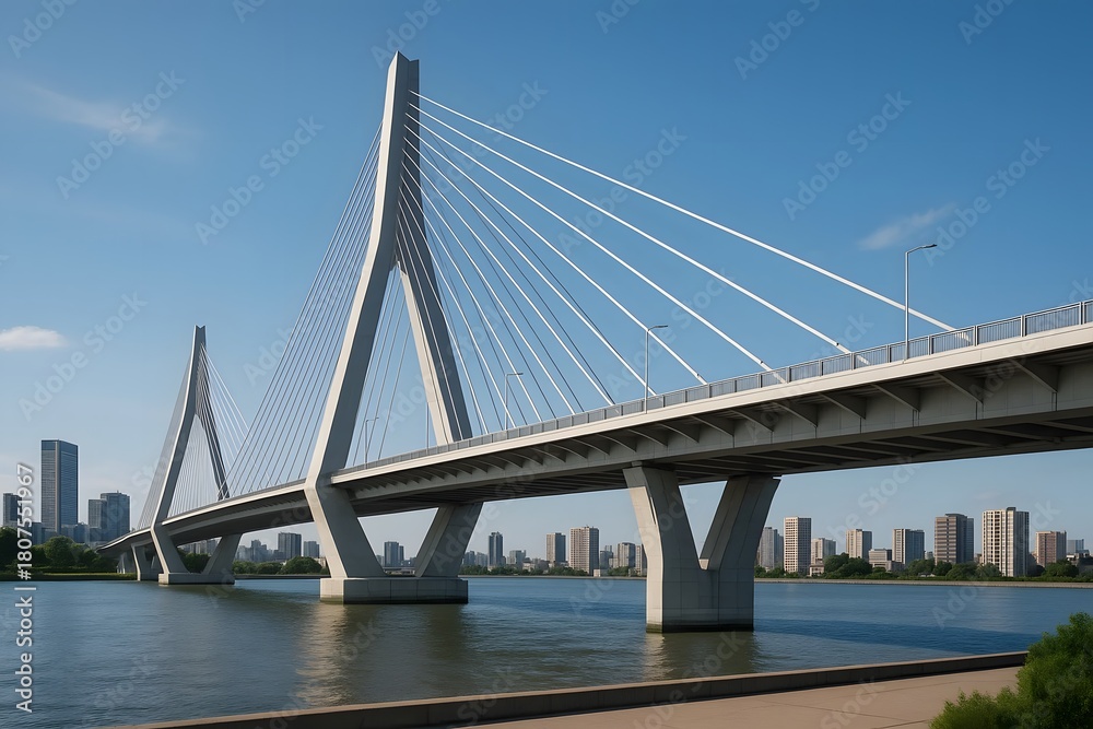 Obraz premium Cable-Stayed Bridge Design at Waterfront for Urban Infrastructure Development