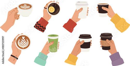 Set of hands holding hot drinks including coffee, tea and matcha in mugs and takeaway cups, colorful flat vector illustration.