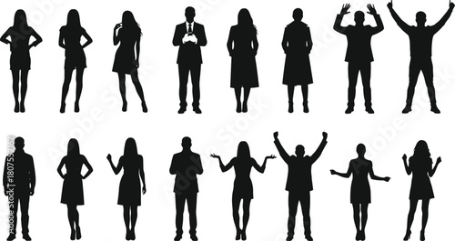 Set of people silhouettes, men and women standing, posing and celebrating, business and casual style, black vector illustration.