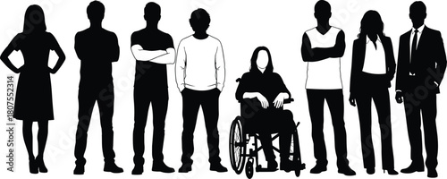 Silhouette set of diverse people standing together including wheelchair user, business and casual team, flat vector illustration.