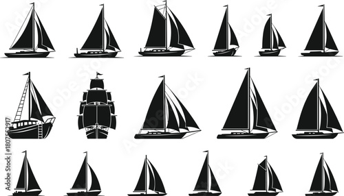 Sailboat silhouette collection featuring various sailing yachts, marine ships, nautical vessels and ocean travel boat illustrations for maritime design projects