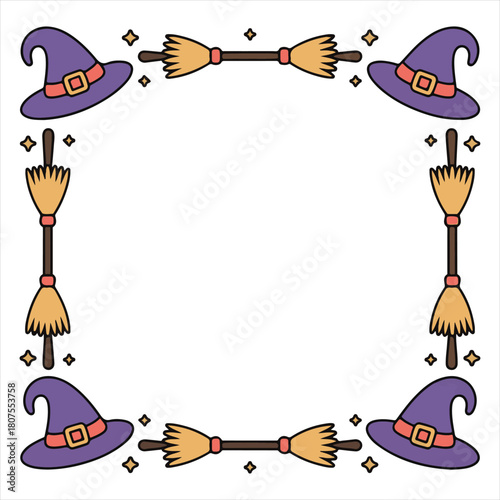 Halloween Border Clipart with Witch Hats and Broomsticks – Cartoon Decorative Frame Vector