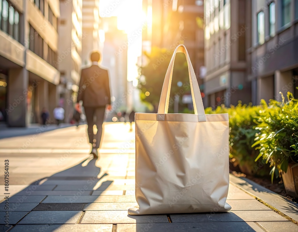 Obraz premium Sustainable lifestyle with reusable tote bag in urban setting during golden hour