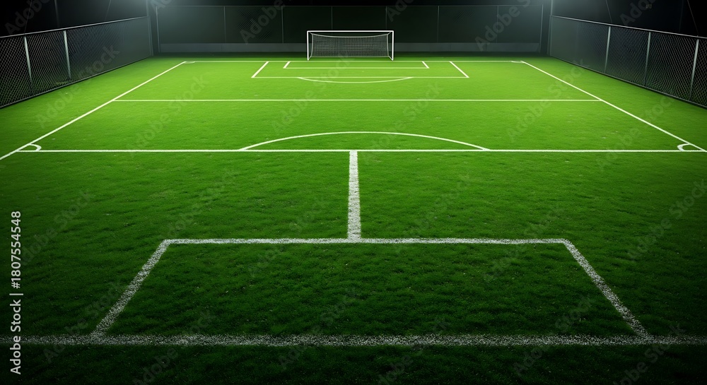 Fototapeta premium Illuminated Soccer Field with Goal and Fencing at Night