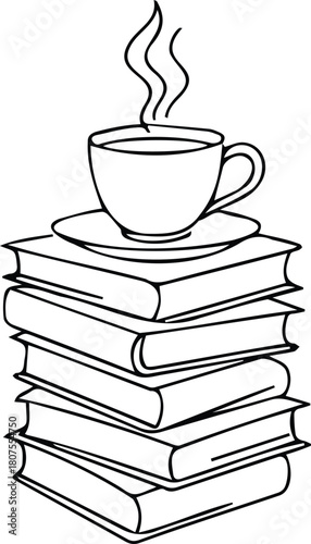 A simple line art drawing of a steaming coffee cup resting on a tall stack of books, representing study, relaxation, learning, and intellectual pursuits isolated on