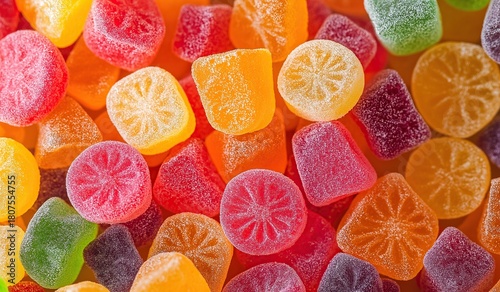 Close up of colorful gummy candies showcasing their vibrant colors and textures set against a bright background for commercial use with detailed patterns.