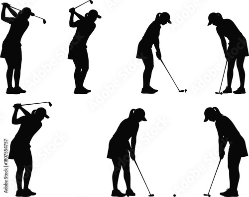 Silhouette collection of female golfer performing various golf swing positions, professional woman golfing poses, sports training vector illustration for design use