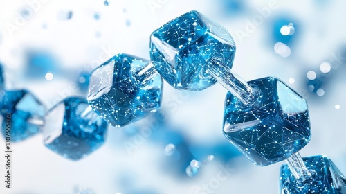 Close-up of bonding blue ice crystals highlighting molecular structure and beauty in a vibrant liquid background.